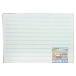 Osmer MDF magnetic whiteboard A3 with dotted thirds ruling, front view of the lined side with the printed Osmer label in the lower right corner