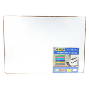 Osmer MDF magnetic whiteboard A4 plain, front view of the unframed white board with the printed Double Sided Magnetic label in the lower right corner