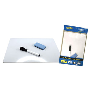 Osmer MDF whiteboard A4 plain kit, board lying flat with black marker and blue eraser, beside the kit in its blue printed retail pack