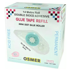 Osmer mini dot glue tape roller refill 8mm x 14m, printed retail box for the pack of 12 refills, front and side view