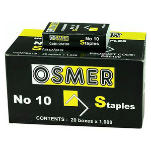 Osmer No 10 staples outer carton printed Contents 20 boxes x 1,000, with one box of No 10 staples resting on top