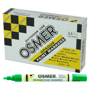 Osmer Opaque Paint Marker broad tip in dark green, box of 12 in the printed Osmer Opaque Paint Markers carton with one marker shown in front