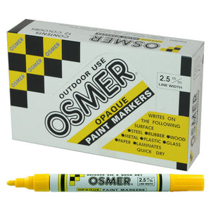 Osmer Opaque Paint Marker broad tip in yellow, box of 12 in the printed Osmer Opaque Paint Markers carton with one marker shown in front