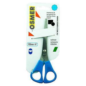 Osmer School Scissors 155mm with blue handle on the white Osmer school scissors hangsell card marked OS204