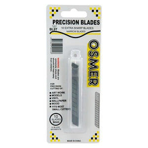 Osmer BL9T 9mm small snap-off cutting blades, pack of 10 in a slim clear case on the Osmer precision blades hangsell card