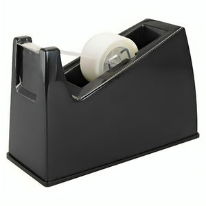 Osmer small tape dispenser in black, angled view loaded with a roll of clear tape and showing the metal cutter