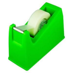Osmer small tape dispenser in lime green, angled view loaded with a roll of clear tape and showing the metal cutter edge