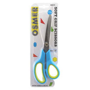 Osmer Soft Grip Scissors 215mm with green and blue offset handle on the Osmer Soft Grip Scissors hangsell card