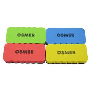 Four Osmer standard magnetic whiteboard erasers laid flat in green, blue, red and yellow, top view of the Osmer logo
