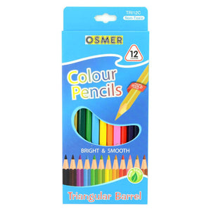 Osmer triangular woodcase colour pencils in a blue 12 pack box with a window showing the pencil colours and a triangular barrel label