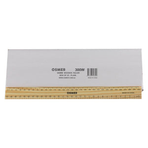 Osmer 30cm wooden ruler in natural unlacquered timber shown in front of the white Osmer 300W box of 25 rulers