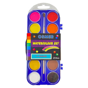 Osmer watercolour paint set with 12 assorted 28mm colour cakes in a blue tray, closed lid with the printed Osmer sleeve