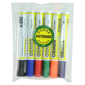Osmer bullet tip whiteboard marker wallet of 6 in a clear pack with a round label, holding black, blue, red, green, orange and purple markers