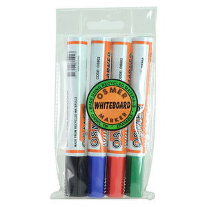 Osmer chisel tip whiteboard marker wallet of 4 in a clear pack with a round label, holding black, blue, red and green markers