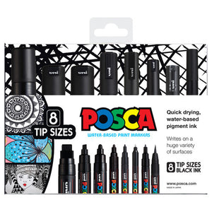 Posca Paint Marker Pen Assorted Tip Sizes Black Wallet of 8
