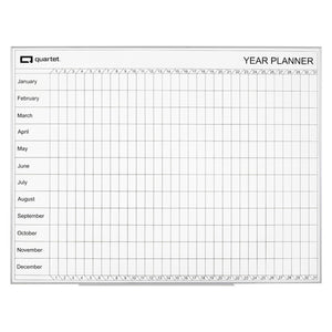 Quartet Year Planner QTYEAR1209A, front view: a white board headed YEAR PLANNER with the Quartet logo, a row for each month from January to December, day columns numbered 1 to 31, a silver frame and a tray along the lower edge.