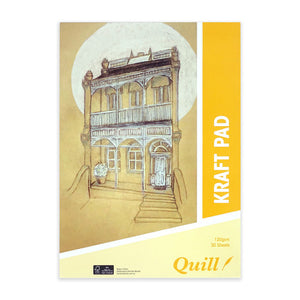 Quill A3 kraft pad, front cover with a sketched terrace house, yellow KRAFT PAD band and Quill logo, 120gsm 30 sheets printed on the cover
