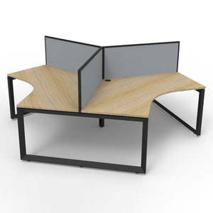 Rapidline Deluxe Infinity 120 degree workstation with grey fabric desk mounted screens, Natural Oak tops and black loop leg frame