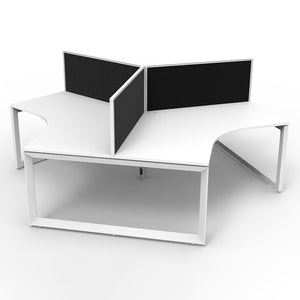 Rapidline Deluxe Infinity 120 degree workstation with black fabric desk mounted screens, Natural White tops and white loop leg frame