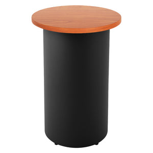 Rapidline drum base round high bar table with a Cherry round top on a black powdercoated drum base, front view on a white background