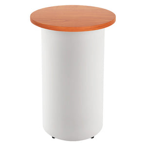 Rapidline drum base round high bar table with a Cherry round top on a white powdercoated drum base, front view on a white background