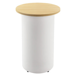 Rapidline drum base round high bar table with a Natural Oak round top on a white powdercoated drum base, front view on a white background