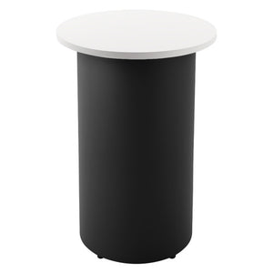 Rapidline drum base round high bar table with a Natural White round top on a black powdercoated drum base, front view on a white background