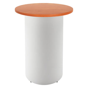 Rapidline drum base round high bar table with a Cherry round top on a white powdercoated drum base, front view on a white background
