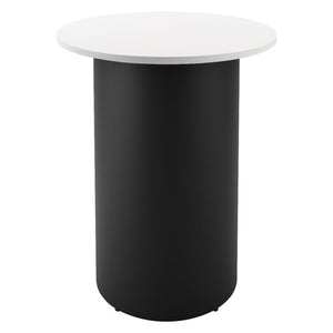 Rapidline drum base round high bar table with a Natural White round top on a black powdercoated drum base, front view on a white background
