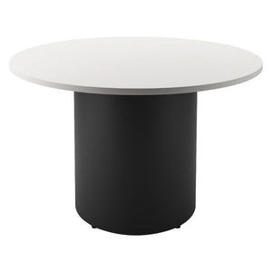 Rapidline drum base round table with a natural white top on a black powdercoated drum base, shown on a white background