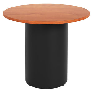 Rapidline drum base round table with a cherry top on a black powdercoated drum base, shown on a white background