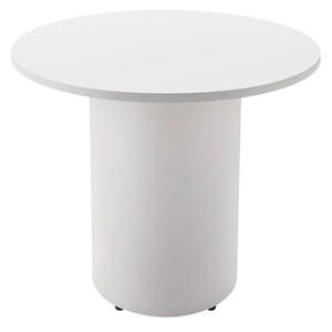 Rapidline drum base round table with a natural white top on a white powdercoated drum base, shown on a white background