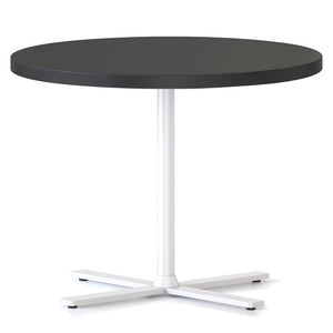 Rapidline Kolo side and coffee table with a round Black top on a white four leaf cross base, angled view
