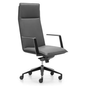 Rapidline Mirage high back executive chair in black leather, three quarter view showing the tall back, slim arms and 5 star base.