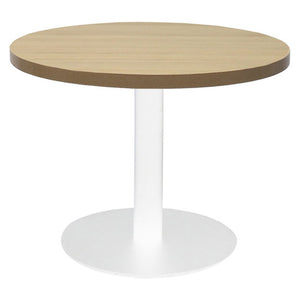 Rapidline Estilo round coffee table with Natural Oak top on a white powdercoat flat disc base, photographed on a white background