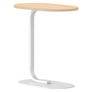 Rapidline Selene side table with oval Natural Oak top, curved white upright and oval base plate, angled view