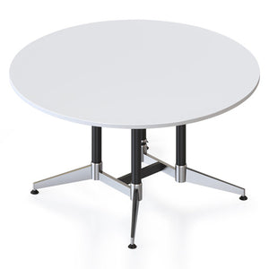 Rapidline Typhoon large round meeting table with Natural White top on a black and polished aluminium underframe, angled view from above