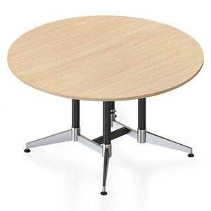 Rapidline Typhoon large round meeting table with Natural Oak top on a black and polished aluminium underframe, angled view from above