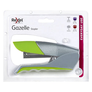 Rexel Gazelle Stapler retail card with a green and silver half strip stapler; icons read Metal, 26/6 No. 56, 24/6 No. 16 and 25 Sheets, with an Everyday Use band and a 1 year guarantee roundel