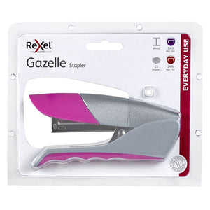 Rexel Gazelle Stapler retail card with a pink and silver half strip stapler; icons read Metal, 26/6 No. 56, 24/6 No. 16 and 25 Sheets, with an Everyday Use band and a 1 year guarantee roundel