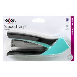 Rexel SmoothGrip Stapler retail card with a black and aqua blue full strip stapler; icons read 26/6 No. 56 and 20 Sheets, with an Everyday Use band and a 1 year guarantee roundel