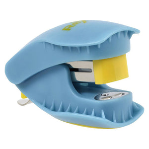 Rexel Mini Beasti mini stapler with a pale blue body and a yellow insert, seen from the front at an angle, with Rexel printed on top and the staple remover tab at the back