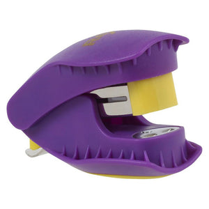 Rexel Mini Beasti mini stapler with a purple body and a yellow insert, seen from the front at an angle, with Rexel printed on top and the staple remover tab at the back