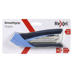 Rexel Smoothgrip stapler on a white blister card with a red diagonal chevron, a Try Me flash and red icons reading 20 and 26/6 No. 56, the stapler showing a navy top arm over a pale blue grip.