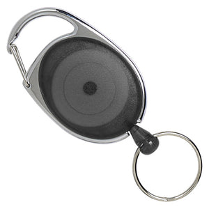 Rexel snap lock retractable key holder with a dark charcoal oval reel in a chrome frame, a sprung gate clip and a split key ring