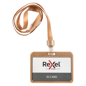 Rexel rose gold aluminium landscape card holder with rounded corners, holding a Rexel sample ID card, on a matching rose gold flat lanyard
