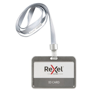 Rexel ID aluminium card holder in silver, landscape format, on a silver lanyard with a clear clasp and holding a sample Rexel ID card