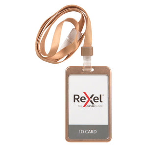 Rexel ID aluminium card holder in rose gold, portrait format, hanging from a rose gold lanyard with a clear clasp and holding a sample Rexel ID card