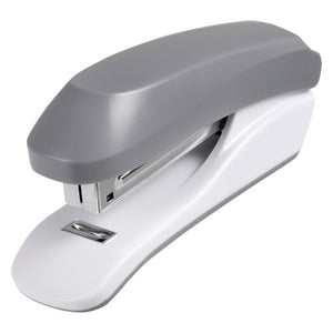 Three quarter view of the Rexel Anywhere half strip stapler in grey, a mid grey upper shell over a white base with a chrome staple channel and a metal remover tab in the base.