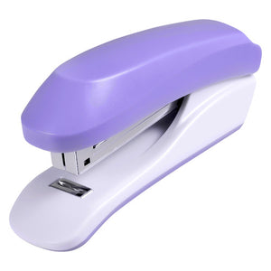 Three quarter view of the Rexel Anywhere half strip stapler in lavender, a pale purple upper shell over a white base with a chrome staple channel and a metal remover tab set into the base.